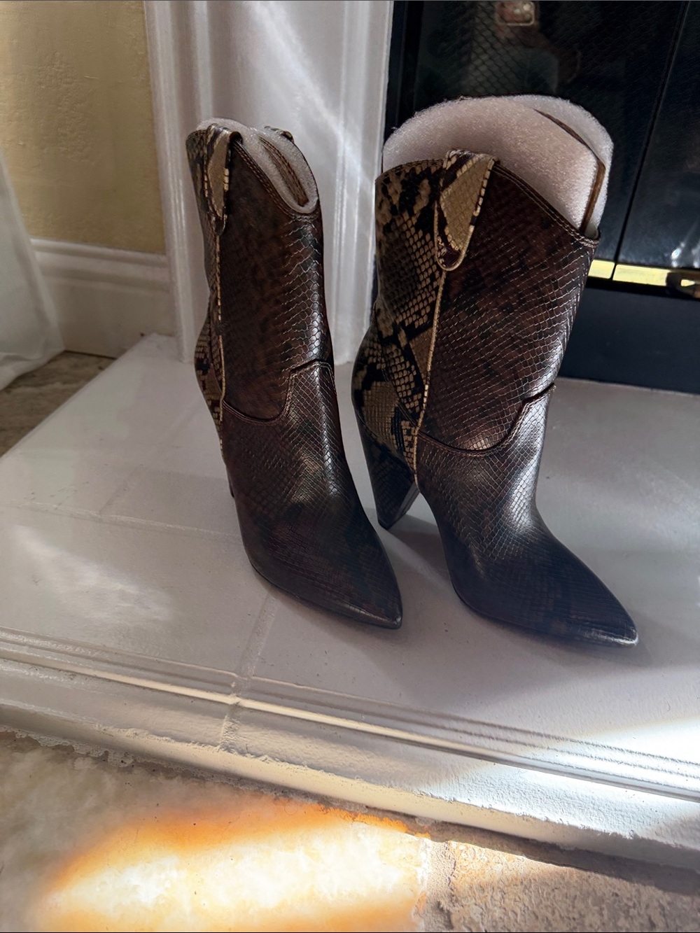 INC International Concepts Brown Snake-Print Pointed-Toe Western Heeled Boots